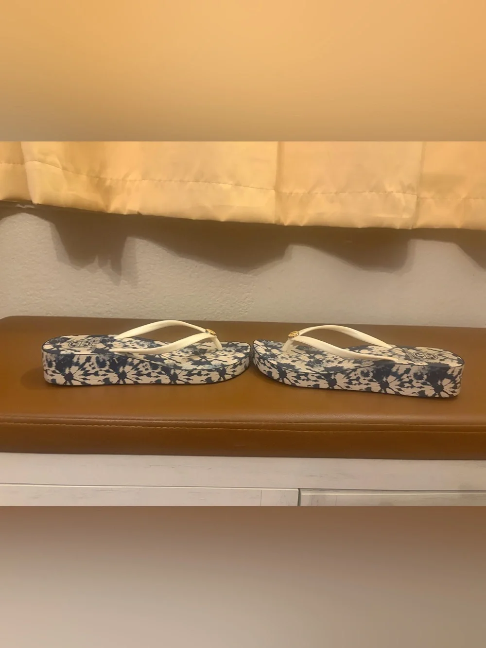 Tory Burch Cream Straps with Navy & White Tie-Dye Platform Sandals